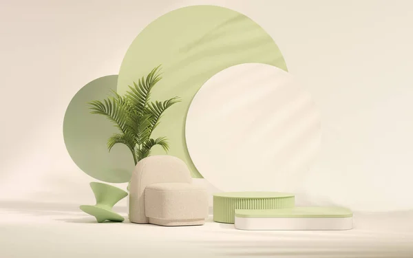 3 boyutlu podyum, pastel yeşili ve bej, palmiye yapraklı beyaz arka plan ve Macram duvar askıları. Güzellik için minimum kaide, kozmetik ürün. 3d hazırlayıcı