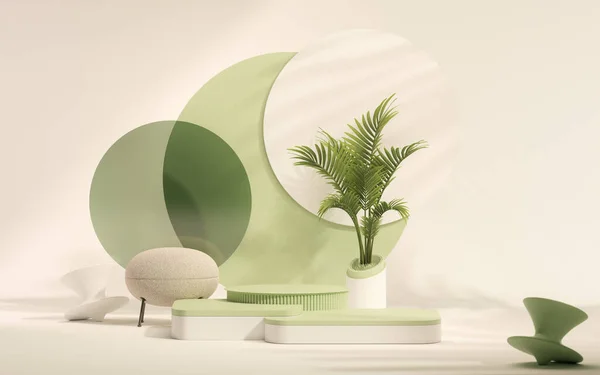 3 boyutlu podyum, pastel yeşili ve bej, palmiye yapraklı beyaz arka plan ve Macram duvar askıları. Güzellik için minimum kaide, kozmetik ürün. 3d hazırlayıcı