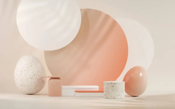 Paskalya yumurtaları podyumu. Pastel pembe ve bej sahne arkaplanlı 3D vektör. Ürün için geometri platformuyla Paskalya günü kozmetik ürünlerini gösteriyor. Temelde sahne gösterimi.