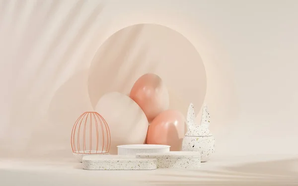 Paskalya yumurtaları podyumu. Pastel pembe ve bej sahne arkaplanlı 3D vektör. Ürün için geometri platformuyla Paskalya günü kozmetik ürünlerini gösteriyor. Temelde sahne gösterimi.