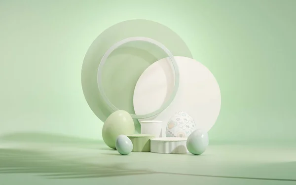 Pódio Ovos Páscoa Com Vetor Renderização Fundo Azul Verde Pastel — Fotografia de Stock