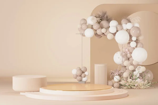 Romantik yaratıcı kompozisyon. Düğün için kemer çerçevesi, doğum günü, bebek partisi kutlaması, tatil. Tatil afişi ve poster. Beyaz ve pastel bej renkli afiş arkaplanı. 3d hazırlayıcı