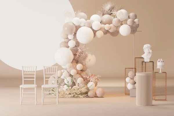 Romantik yaratıcı kompozisyon. Düğün için kemer çerçevesi, doğum günü, bebek partisi kutlaması, tatil. Tatil afişi ve poster. Beyaz ve pastel bej renkli afiş arkaplanı. 3d hazırlayıcı