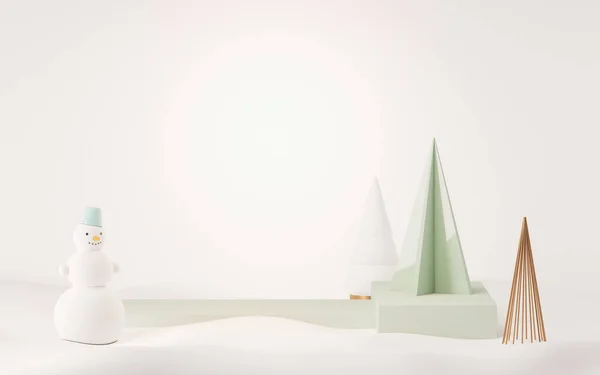 Мінімальна Сцена Подарунками Сосновими Деревами Подіум Сніговик Бежево Біла Пастельно — стокове фото