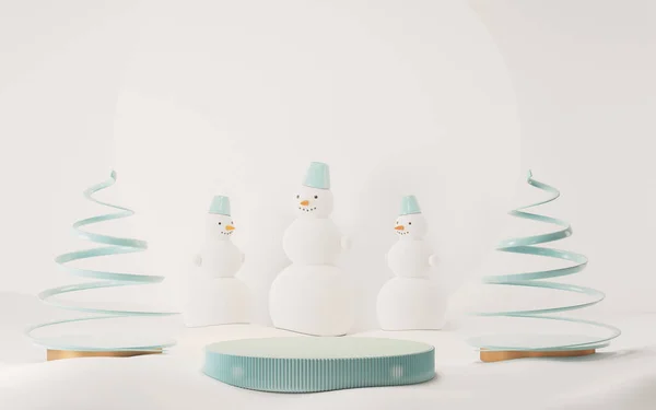 Hediyeler, çam ağaçları, podyum ve kardan adamın olduğu küçük bir sahne. yeşil ve beyaz, pastel mavi şekiller. Noel için kış tatili konsepti, dergiler, afişler, afişler. 3B görüntüleme