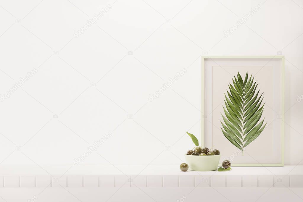 Interior wall mockup with monstera leaf pot and decoration items on empty white background with free space on center. 3D rendering, illustration.