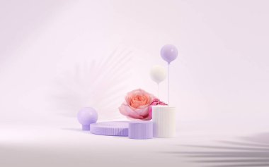 3 boyutlu podyum, pastel mor ve gül çiçekleri ve palmiye yaprağı gölgesi ile çok peri arkaplan. Güzellik için minimum kaide, kozmetik ürün. Anneler Günü, kadınsı kopya alanı şablonu 3D görüntüleme
