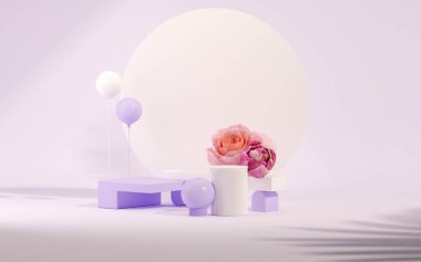3 boyutlu podyum, pastel mor ve gül çiçekleri ve palmiye yaprağı gölgesi ile çok peri arkaplan. Güzellik için minimum kaide, kozmetik ürün. Anneler Günü, kadınsı kopya alanı şablonu 3D görüntüleme