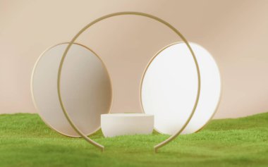 Bej podyumlu güzellik kaidesi, yuvarlak çerçeve, ışık ve aynalı gül çiçeği. Yeşil çim tarlası. Kozmetik, güzellik ürünü tanıtımı. Yaz manzarası modelleme, soyut 3B canlandırma