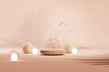 Yerde kuru cam vazo ve küresel ışıklar olan en küçük sahne. Podyum ve güzellik için soyut kozmetik arka plan. Mercan pembe renkleri sahnesi. Kadınsı kopyalama alanı şablonu 3d oluşturma