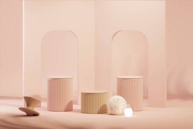 Yerde kuru cam vazo ve küresel ışıklar olan en küçük sahne. Podyum ve güzellik için soyut kozmetik arka plan. Mercan pembe renkleri sahnesi. Kadınsı kopyalama alanı şablonu 3d oluşturma