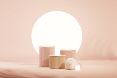 Yerde kuru cam vazo ve küresel ışıklar olan en küçük sahne. Podyum ve güzellik için soyut kozmetik arka plan. Mercan pembe renkleri sahnesi. Kadınsı kopyalama alanı şablonu 3d oluşturma