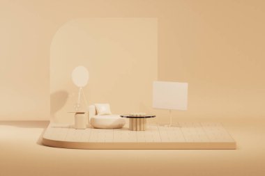 Mockup stüdyosu oturma odası sunumu, moda, gösteri sanatı, pastel krem ve bej arka plan podyumu. 3d hazırlayıcı