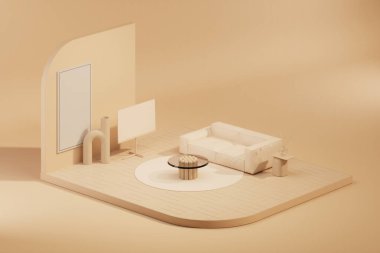 Mockup stüdyosu oturma odası sunumu, moda, gösteri sanatı, pastel krem ve bej arka plan podyumu. 3d hazırlayıcı