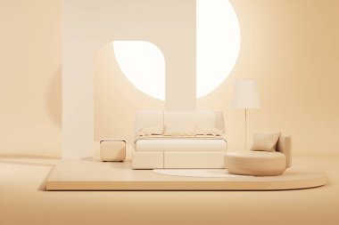 Yatak odası sunumu, moda, gösteri sanatı, pastel krem ve bej arka plan podyumu için Mockup stüdyosu. 3d hazırlayıcı