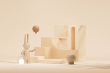 Paskalya yumurtası podyumu ve pastel kremalı tavşan ve bej sahne arka planı. Ürün için geometri platformuyla Paskalya günü kozmetik ürünlerini gösteriyor. Temelde sahne gösterimi.