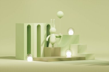 Paskalya yumurtası podyumu ve pastel yeşil sahne arka planında tavşan. Ürün için geometri platformuyla Paskalya günü kozmetik ürünlerini gösteriyor. Kalıpsal display.3d gösteriminde sahne gösterisi