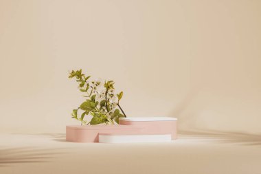 3 boyutlu podyum, pastel krem ve yapraklı bej arka plan, çiçekler ve dekoratif vazolar. Güzellik, ürün ve moda için minimum kaide. Kadınsı kopyalama alanı şablonu 3d oluşturma