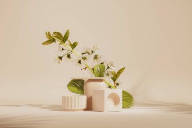 3 boyutlu podyum, pastel krem ve yapraklı bej arka plan, çiçekler ve dekoratif vazolar. Güzellik, ürün ve moda için minimum kaide. Kadınsı kopyalama alanı şablonu 3d oluşturma