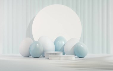 Paskalya yumurtaları podyumu ve pastel mavi ve mor sahne arka planında tavşan. Ürün için geometri platformuyla Paskalya günü kozmetik ürünlerini gösteriyor. Kalıpsal display.3d gösteriminde sahne gösterisi