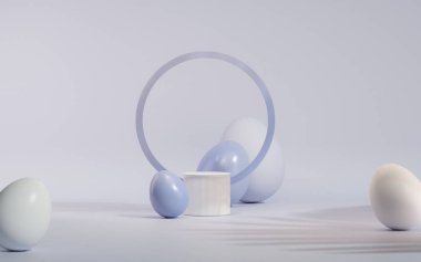 Paskalya yumurtaları podyumu ve pastel mavi ve mor sahne arka planında tavşan. Ürün için geometri platformuyla Paskalya günü kozmetik ürünlerini gösteriyor. Kalıpsal display.3d gösteriminde sahne gösterisi