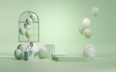 Paskalya yumurtası podyumu ve pastel yeşil sahne arka planında tavşan. Ürün için geometri platformuyla Paskalya günü kozmetik ürünlerini gösteriyor. Kalıpsal display.3d gösteriminde sahne gösterisi
