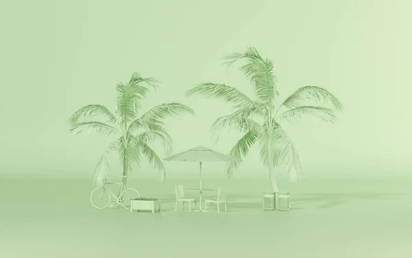 City street store, catering service, beach store front building facades with table and chairs, coconut tree. Exterior of outdoor cafe with green color. 3D render for creative social media, studio.