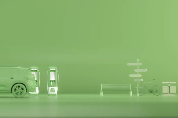 Yeşil arka planda elektrikli araba şarj istasyonu. Otoparkta sürdürülebilir iklim görsellerinde bir elektrikli arabayı şarj etmek. Elektrikli araba şarjı için güç kaynağı. 3d oluşturma
