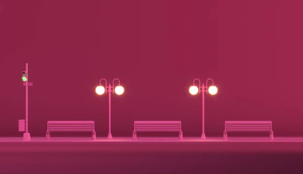 市内バスの停留所や公園のベンチ ピンクの背景に街路灯 創造的な構成 コピースペース付きの明るい背景 ウェブページ プレゼンテーション スタジオのための3Dレンダリング — ストック写真