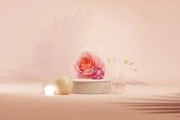 Yerde gül çiçekleri ve küresel ışıkların olduğu en küçük sahne. Podyum ve güzellik için soyut kozmetik arka plan. Pastel pembe renk sahnesi. Kadınsı kopyalama alanı şablonu 3d oluşturma