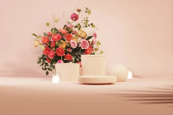 Yerde gül çiçekleri ve küresel ışıkların olduğu en küçük sahne. Podyum ve güzellik için soyut kozmetik arka plan. Pastel pembe renk sahnesi. Kadınsı kopyalama alanı şablonu 3d oluşturma