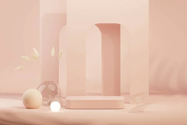 Yerde kuru cam vazo ve küresel ışıklar olan en küçük sahne. Podyum ve güzellik için soyut kozmetik arka plan. Mercan pembe renkleri sahnesi. Kadınsı kopyalama alanı şablonu 3d oluşturma