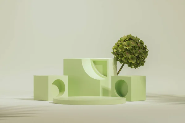 Boyutlu Podyum Ortanca Çiçeği Dekoratif Vazolarla Birlikte Pastel Yeşil Arka — Stok fotoğraf
