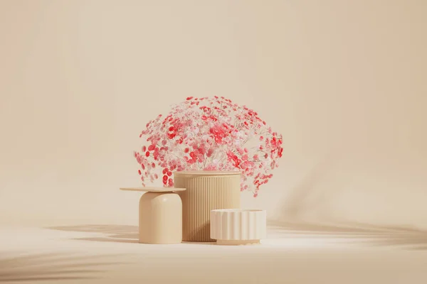3 boyutlu podyum, pastel krem ve yapraklı bej arka plan, çiçekler ve dekoratif vazolar. Güzellik, ürün ve moda için minimum kaide. Kadınsı kopyalama alanı şablonu 3d oluşturma