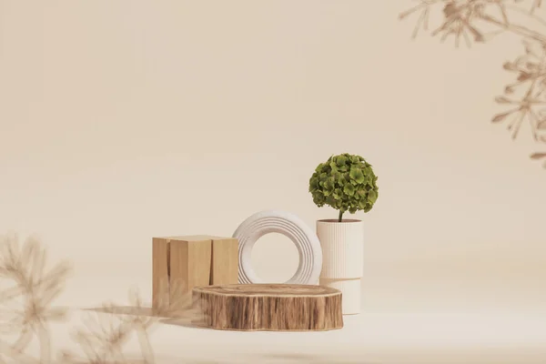 Ahşap podyum, pastel pembe ve bej arka planda düşen çiçekler ve dekoratif vazolar. Güzellik, ürün ve moda için minimum kaide. Kadınsı kopyalama alanı şablonu 3d oluşturma