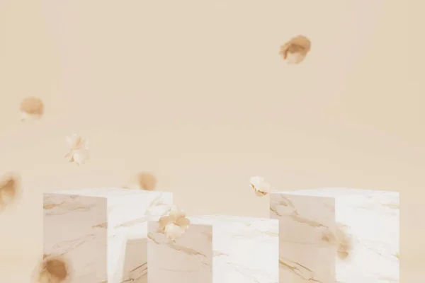 Marmurowy Wyświetlacz Podium Pastelowy Krem Beżowe Tło Opadającymi Kwiatami Dekoracyjnymi — Zdjęcie stockowe