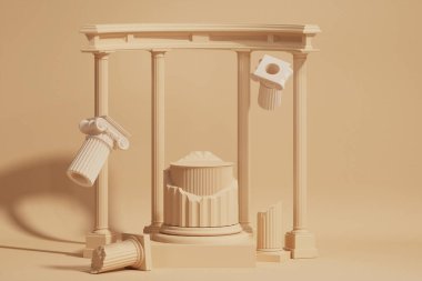 Klasik Yunan sütun platformu, klasik lüks soyut podyum kozmetik arka planı. Antik sütun kaidesi izole edilmiş müze parçası arkaplanı, 3 boyutlu resimleme.