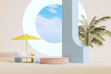 Tatil tatili ve yaz konsepti için en düşük kompozisyon. Plaj şemsiyesi, güneş panzesi, mavi gökyüzü ve tropikal yapraklar. Ürün görüntüsü, soyut geometrik şekil sarı ve pembe. Moda 3d oluşturucu