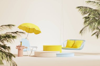 Tatil tatili ve yaz konsepti için en düşük kompozisyon. Plaj şemsiyesi, güneş panzesi, mavi gökyüzü ve tropikal yapraklar. Ürün görüntüsü, soyut geometrik şekil sarı ve pembe. Moda 3d oluşturucu