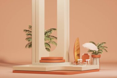 Tatil tatili ve yaz konsepti için en düşük kompozisyon. Plaj şemsiyesi, güneş panzesi, tropik yapraklar. Ürün görüntüsü, soyut geometrik şekil bej ve turuncu. Moda 3d oluşturucu