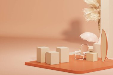 Tatil tatili ve yaz konsepti için en düşük kompozisyon. Plaj şemsiyesi, güneş panzesi, tropik yapraklar. Ürün görüntüsü, soyut geometrik şekil bej ve turuncu. Moda 3d oluşturucu