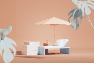 Tatil tatili ve yaz konsepti için en düşük kompozisyon. Plaj şemsiyesi, dinlenme yeri ve tropik yapraklar. Ürün görüntüsü, soyut geometrik şekil mavi ve koyu turuncu. 3d hazırlayıcı