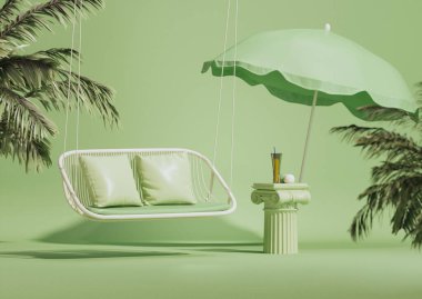Tatil tatili ve yaz konsepti için en düşük kompozisyon. Plaj şemsiyesi, dinlenme yeri ve tropik yapraklar. Ürün görüntüsü, soyut geometrik şekil mavi ve yeşil arkaplan. 3d hazırlayıcı