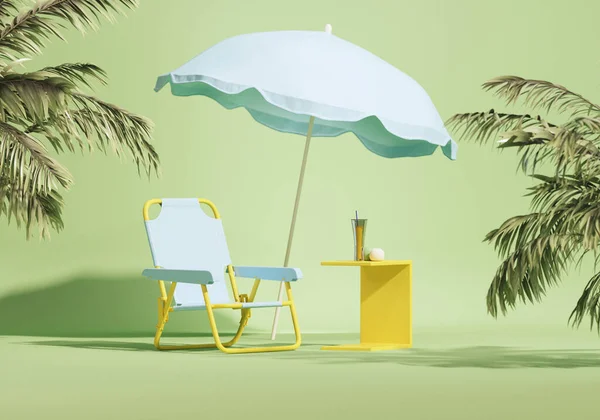 Tatil tatili ve yaz konsepti için en düşük kompozisyon. Plaj şemsiyesi, dinlenme yeri ve tropik yapraklar. Ürün görüntüsü, soyut geometrik şekil mavi ve yeşil arkaplan. 3d hazırlayıcı