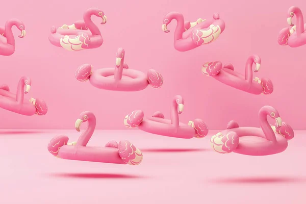Many Pink Flamingo floating on pastel pink background , tropical bird shape inflatable swimming pool ring 3d rendering. 3d illustration Summer and travel minimal concept.