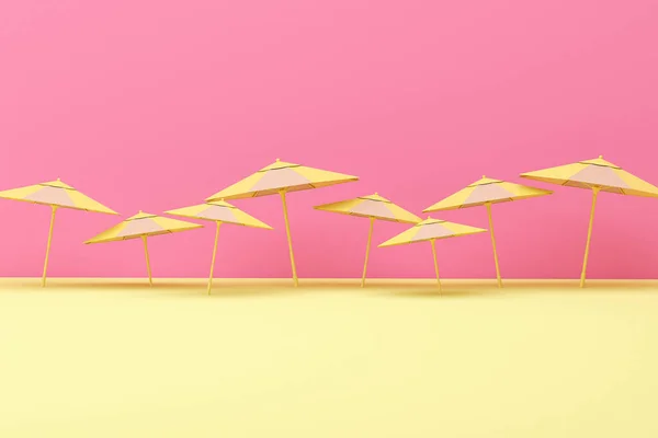 Many Yellow Umbrella Floating Pastel Pink Background Rendering Illustration Summer — Foto de Stock