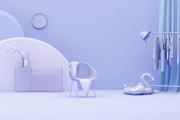 Clothes on a hanger, clock, inflatable flamingo, chair in pastel purple  background. 3d rendering, concept for shopping store and bedroom, studio, holiday