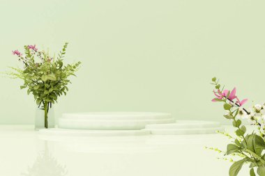 3D podium display, pastel green and beige background with leaves, flowers and decorative vases. Minimal pedestal for beauty, product, fashion. Feminine copy space template 3d render