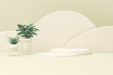 3D podium display, pastel green and beige background with leaves, flowers and decorative vases. Minimal pedestal for beauty, product, fashion. Feminine copy space template 3d render