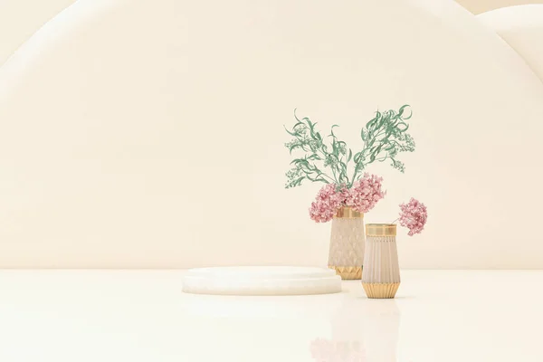 Podium Display Pastel Green Beige Background Leaves Flowers Decorative Vases — ストック写真